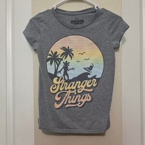 Netflix Stranger Things Kids Gray Graphic Tee Sunset Demogorgon Surfing XL 14/16